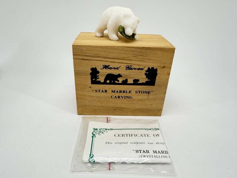 Hand Carved Grizzly Bear Star Marble Stone Figurine With Wooden Box & Certificat